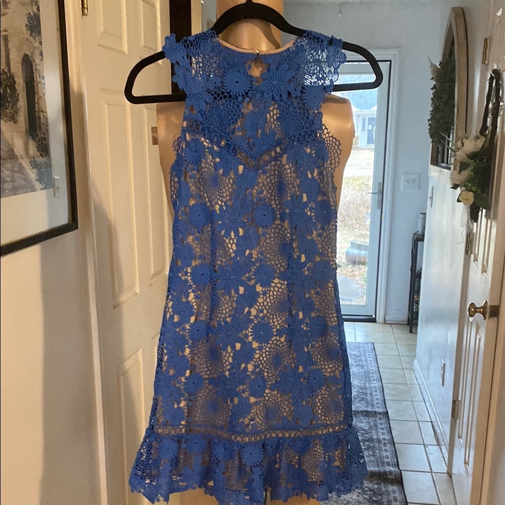 Saylor Blue Ruffled Tiered Mini Dress with high Neckline